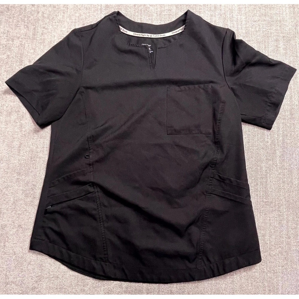 ClimateRight by Cuddl Duds Scrub Top Womens Medium Black Stretch V Neck Medical